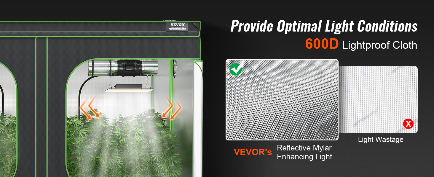 VEVOR grow tent with 600d lightproof cloth and reflective mylar for optimal light conditions.