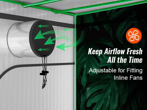 VEVOR grow tent with adjustable inline fan for optimized airflow, featuring green accents and mesh panels.