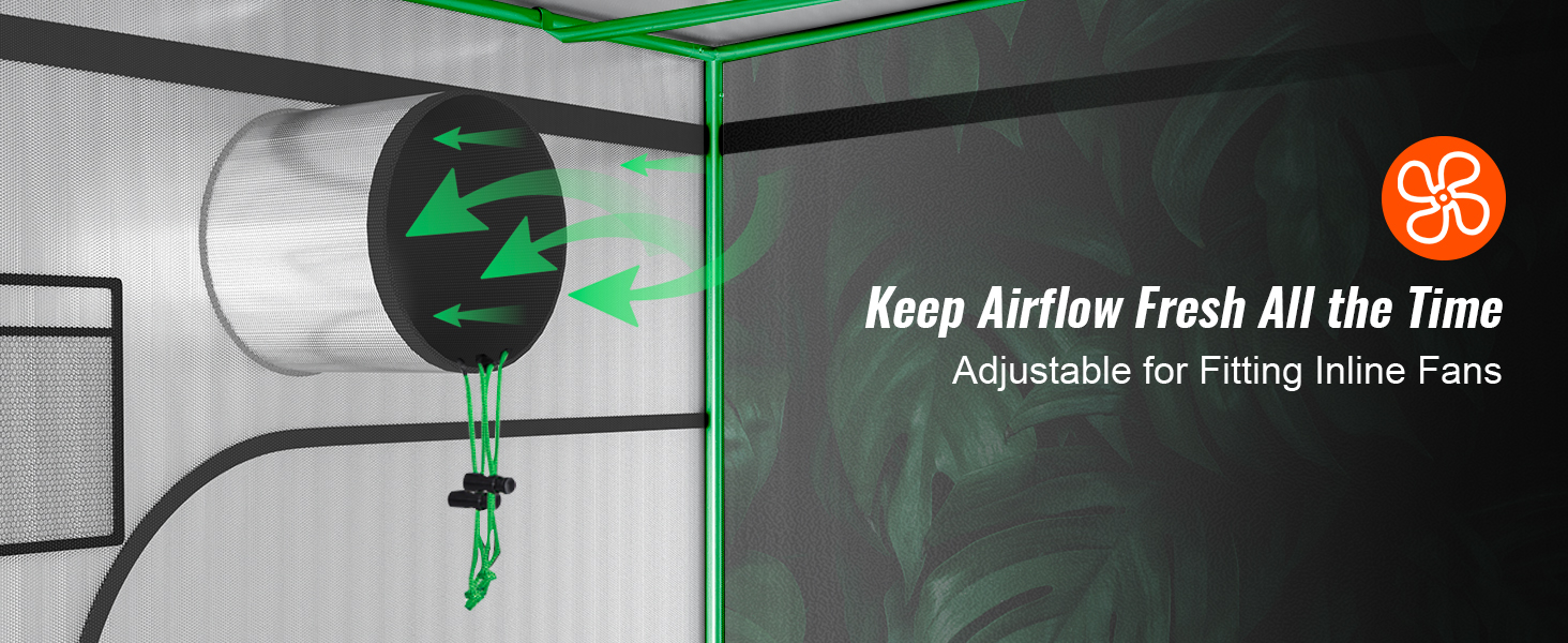 VEVOR grow tent with adjustable inline fan for optimized airflow, featuring green accents and mesh panels.