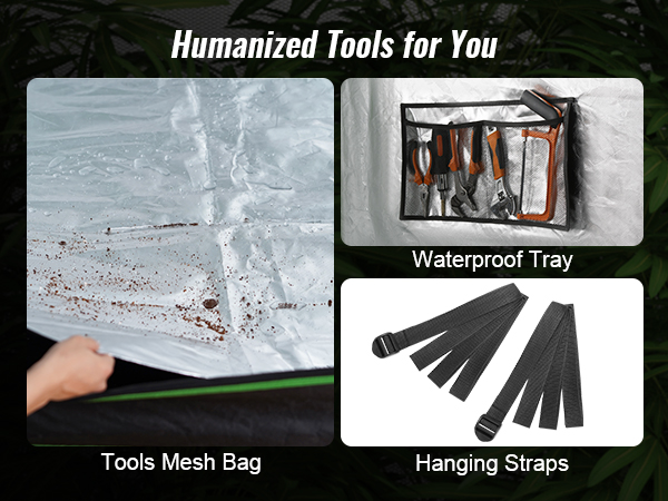 tools mesh bag, waterproof tray, and hanging straps included with VEVOR grow tent for enhanced functionality.