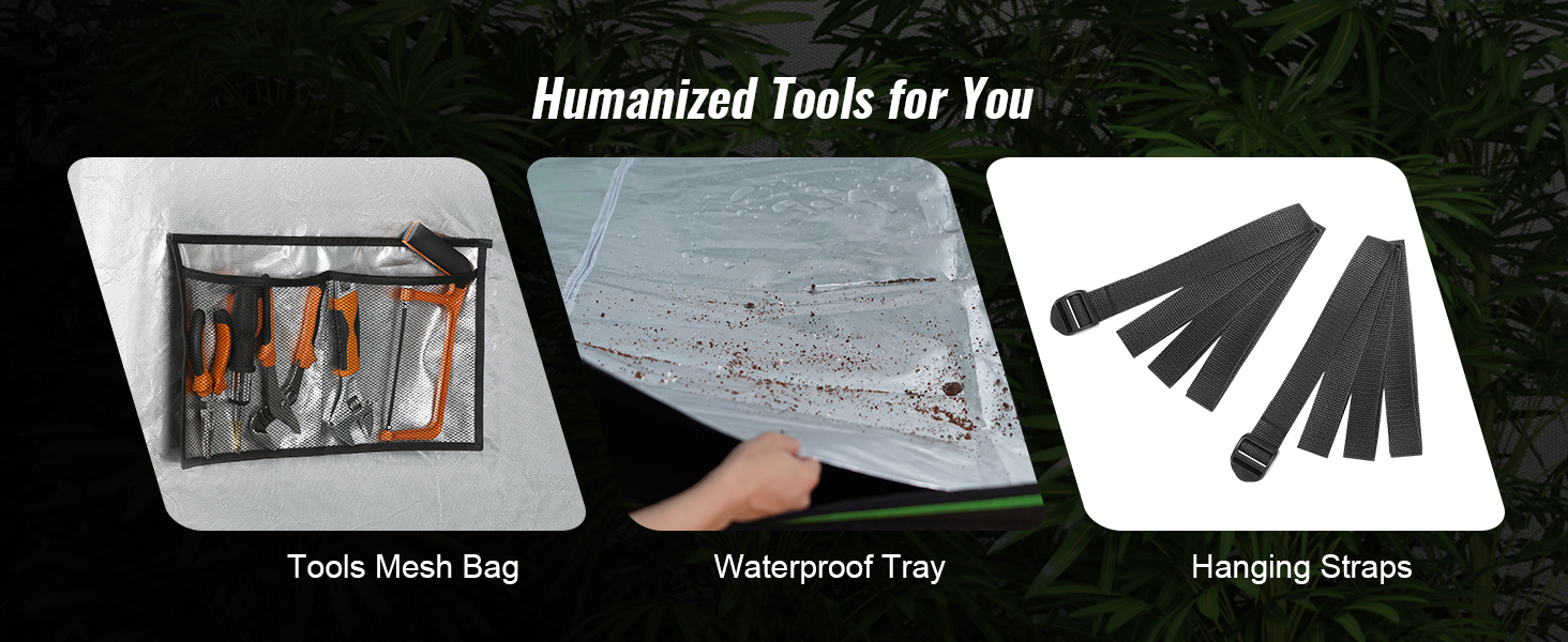 tools mesh bag, waterproof tray, and hanging straps included with VEVOR grow tent for enhanced functionality.