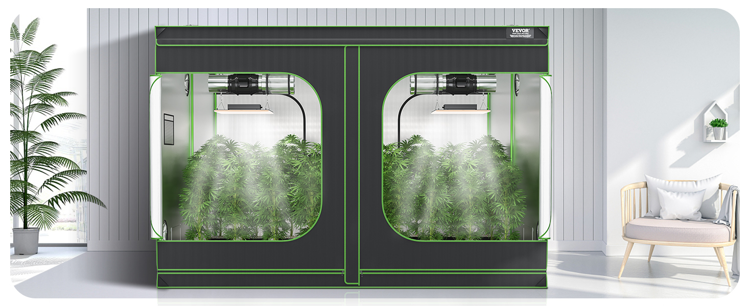 indoor setup with VEVOR grow tent, featuring lush plants and grow lights, placed in a modern room.