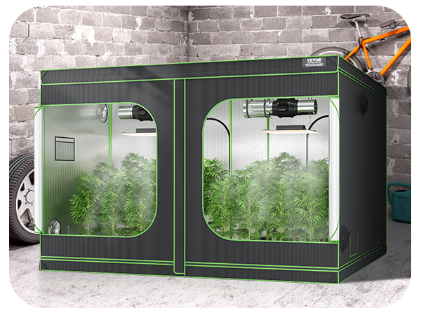 VEVOR grow tent in a garage with bicycles, a green grill, and growing plants inside.