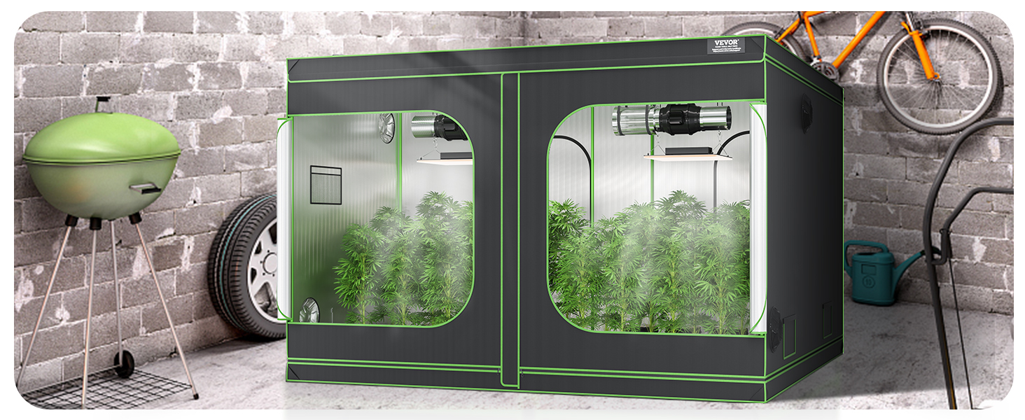 VEVOR grow tent in a garage with bicycles, a green grill, and growing plants inside.