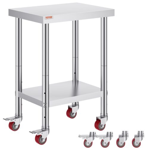 VEVOR Stainless Steel Catering Work Table 60x45 cm with Wheels Adjustable Shelf for Commercial Kitchen Food Prep