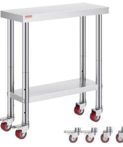 VEVOR Stainless Steel Catering Work Table 76x30 cm with Wheels & Adjustable Shelf for Commercial Kitchen & Food Prep