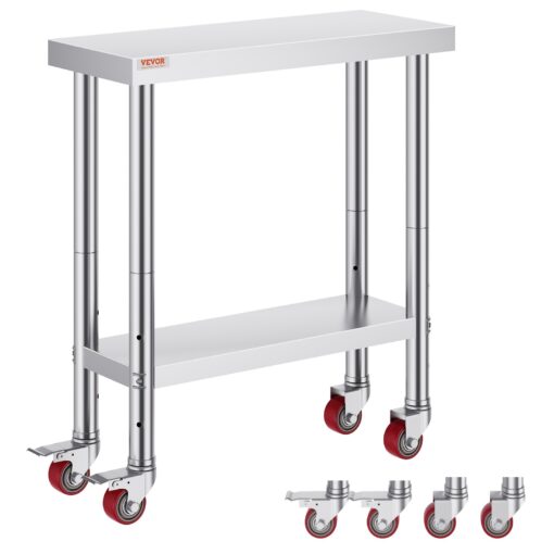 VEVOR Stainless Steel Catering Work Table 76x30 cm with Wheels Adjustable Shelf for Commercial Kitchen Food Prep