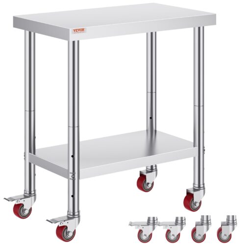 VEVOR Stainless Steel Catering Work Table 76x46 cm with Wheels Adjustable Shelf for Commercial Kitchen Food Prep