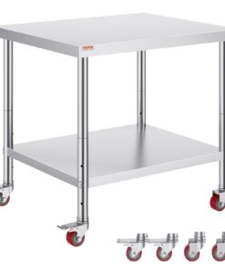 VEVOR Stainless Steel Catering Work Table 91x76 cm with Wheels & Adjustable Shelf for Commercial Kitchen & Food Prep