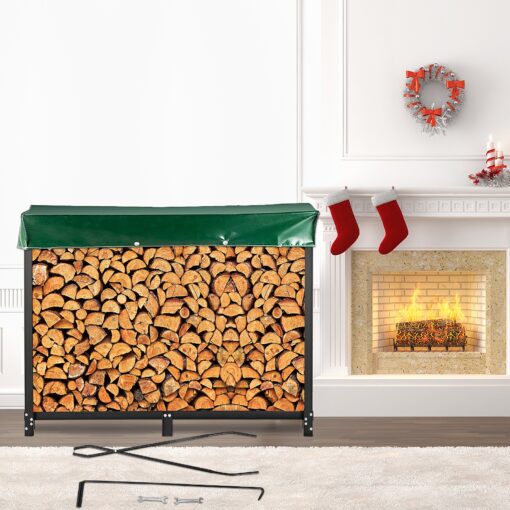 VEVOR 8ft Firewood Log Rack with Cover Fireplace Tool Set