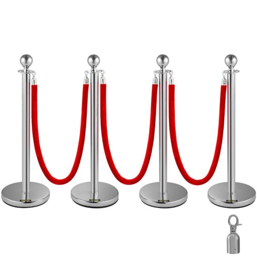 VEVOR 4 Pack Silver Retractable Stanchion Posts with 15m Red Velvet Ropes for Crowd Control