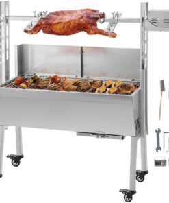 VEVOR 60 kg Stainless Steel Rotisserie Grill with Adjustable Height & Lockable Wheels for Outdoor BBQ & Camping