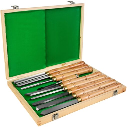 8 Piece HSS Lathe Chisel Set with Brass Ferrules Wooden Handles in Case Woodturning Tools