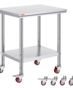 VEVOR Stainless Steel Catering Work Table 76x61 cm with Wheels & Adjustable Shelf for Kitchen & Commercial Use