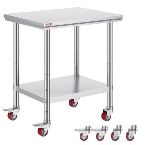 VEVOR Stainless Steel Catering Work Table 76x61 cm with Wheels Adjustable Shelf for Kitchen Commercial Use