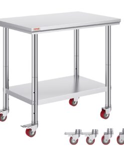 VEVOR Stainless Steel Catering Work Table 89x61 cm with Wheels & Adjustable Shelf