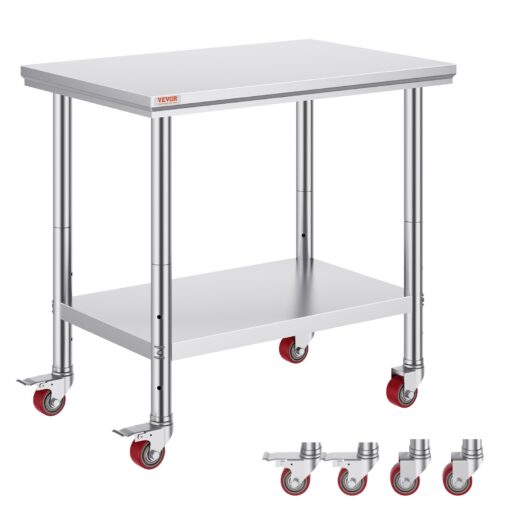 VEVOR Stainless Steel Catering Work Table 89x61 cm with Wheels Adjustable Shelf