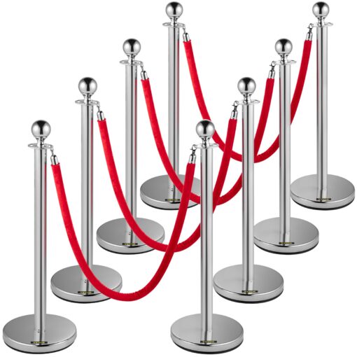 VEVOR Set of 8 Silver Crowd Control Stanchions with 15 m5 ft Red Velvet Rope