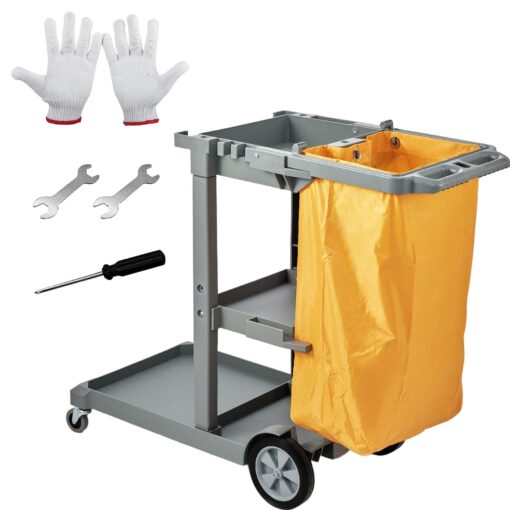 VEVOR 3 Shelf Commercial Janitorial Cart with 25 Gallon 946 L PVC Bag