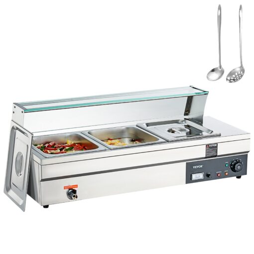 VEVOR Commercial Electric Countertop Buffet Food Warmer with Glass Shield 3x114L 3x12Qt Pans