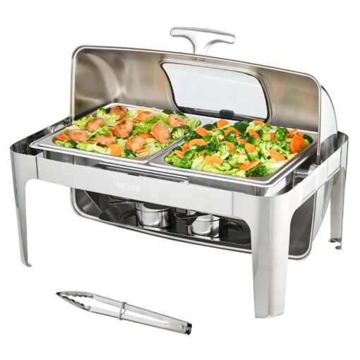 VEVOR Stainless Steel Rectangle Roll Top Chafing Dish with Visual Glass Lid