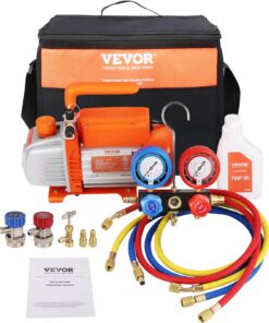 VEVOR 180W 128 LPM (4 CFM) vienpakāpes rotācijas lāpstiņu vakuumsūkņa un kolektora manometra komplekts HVAC aukstumaģentam R134a