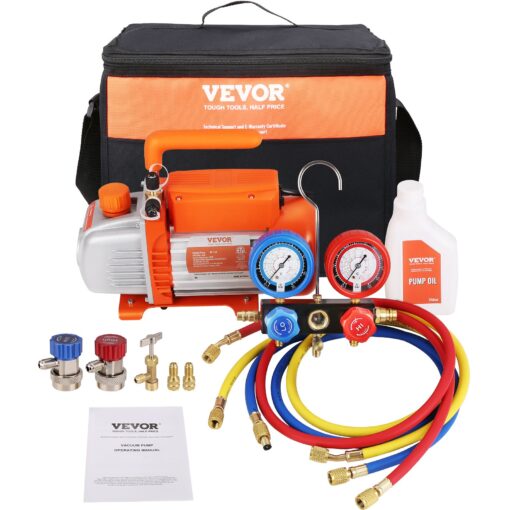 VEVOR 180W 180W 128 LPM 4 CFM vienpakāpes rotējošo lāpstiņu vakuumsūkņa un kolektora manometra komplekts HVAC dzesētājam R134a