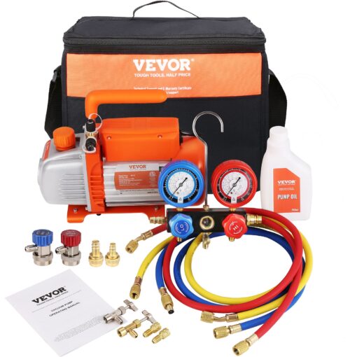 VEVOR 150W 100 LPM 35 CFM Single Stage Rotary Vane HVAC Vacuum Pump with Manifold Gauge Set