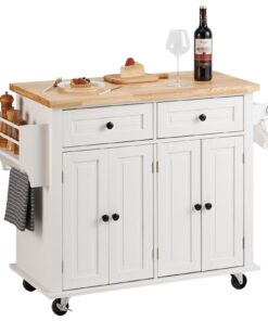 VEVOR White Kitchen Island Cart with Solid Rubber Wood Top