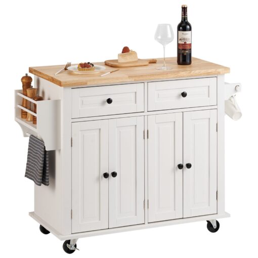 VEVOR White Kitchen Island Cart with Solid Rubber Wood Top