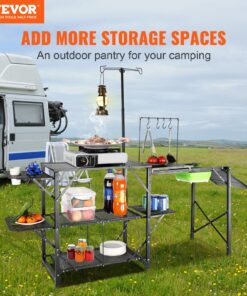 Folding Aluminum Cook Station with 3 Side Tables and 2 Shelves