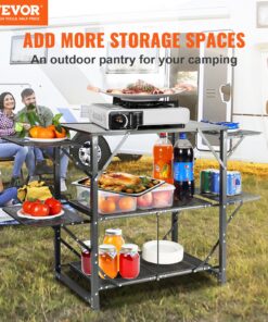 Folding Cook Station with 4 Iron Side Tables and 2 Shelves