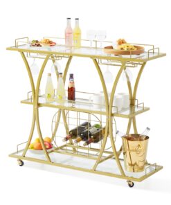 VEVOR Gold 3-Tier Rolling Bar Cart with Tempered Glass Shelves