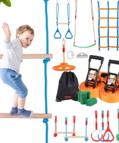 VEVOR 40m (2x65ft) Ninja Karotāja Šķēršļu Josla Bērniem ar 12 Pārbaudījumiem - Āra Slackline Komplekts