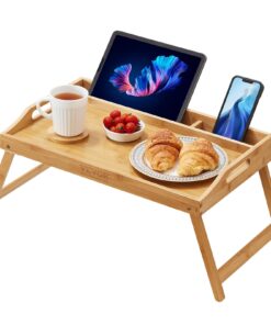 Adjustable Bamboo-Patterned Bed Tray Table with Foldable Legs & Media Slot