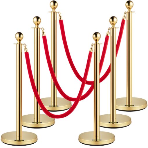 VEVOR Gold Stanchion Set with 3 Red Velvet Ropes