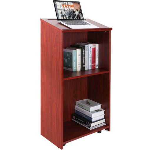 VEVOR Mobile Wood Podium Stand with Adjustable Shelves and Slant Desktop