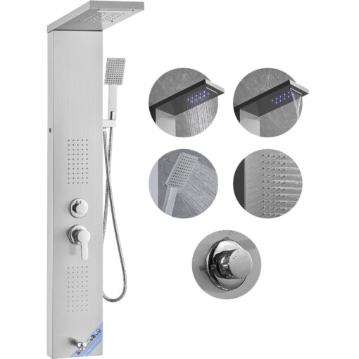 VEVOR LED Stainless Steel Shower Panel Tower System with 5 Modes and 460mm 181 Top Spray Head