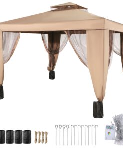 Brown 3x3m (10x10ft) Steel Frame Patio Gazebo with Mosquito Netting and Double Tier Roof