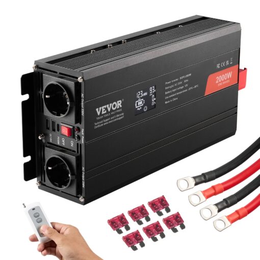 VEVOR 2000W tīras sinusoīdas viļņu strāvas pārveidotājs no līdzstrāvas 12V uz maiņstrāvu 230V ar LCD tālvadības pulti un vairākām izejām CE sertifikāts