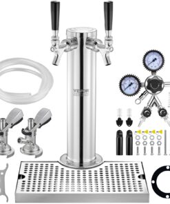 VEVOR Dual Tap Beer Tower Kit with A-System Keg Coupler and 304 Stainless Steel - Includes Dual-Gauge Regulator