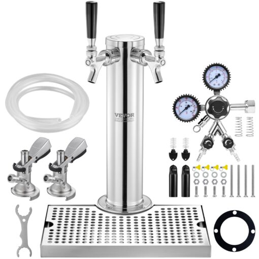 VEVOR Dual Tap Beer Tower Kit with A System Keg Coupler and 304 Stainless Steel Includes Dual Gauge Regulator