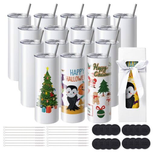 VEVOR 16 Pack 20 oz 5915 ml Stainless Steel Sublimation Tumblers with Accessories DIY Heat Press and Transfer Ready