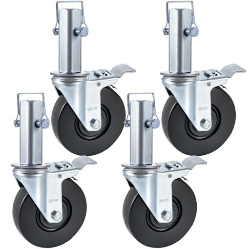 4 Pack Heavy Duty 127 cm 5 inch Scaffolding Rubber Swivel Casters with Dual Locking and 125 inch Square Stem