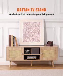 Boho Mid Century Modern TV Cabinet with Adjustable Shelves and Cable Management