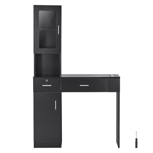 VEVOR Wall Mount Barber Salon Station Black Hair Stylist Furniture with 1 Storage Cabinet