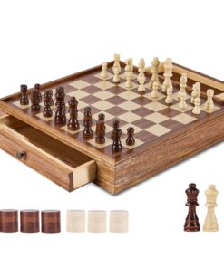 VEVOR 38 cm (15 collu) masīvkoka šaha un dambretes komplekts ar glabāšanas atvilktni