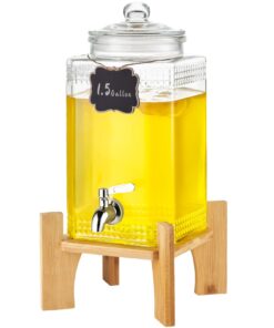 VEVOR 5.7L (1.5 Gallon) Glass Beverage Dispenser with Stainless Steel Spigot and Wooden Stand for Parties