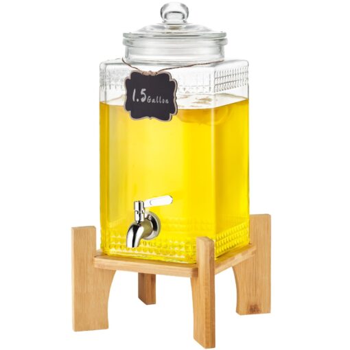 VEVOR 57L 15 Gallon Glass Beverage Dispenser with Stainless Steel Spigot and Wooden Stand for Parties