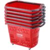 Set of 6 Red Plastic Rolling Shopping Trolley Baskets with Handles and Swivel Wheels